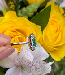 Art Deco Emerald and Diamond Cluster 18ct Yellow Gold Ring 0.45ct + 1.0ct