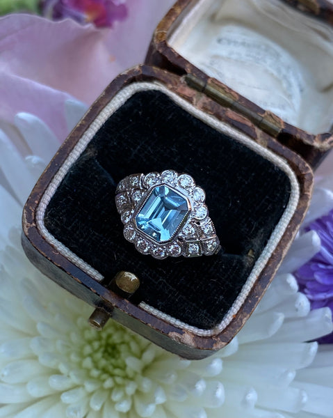 Edwardian Style Aquamarine and Diamond Cluster Platinum Ring 0.55ct + 1.10ct