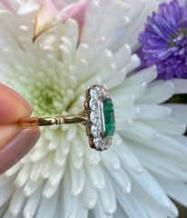 Victorian Style Emerald and Diamond Cluster Ring 18ct Yellow Gold 1.20ct + 2.55ct