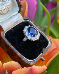 Victorian Sapphire and Diamond Cluster Platinum Ring 1.35ct + 2.55ct