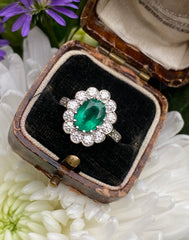Victorian Style Emerald and Diamond Cluster Ring 18ct Yellow Gold 0.95ct + 2.20ct