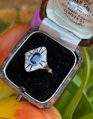 Art Deco Sapphire and Diamond Platinum Ring 0.25ct + 1.10ct