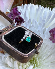 Edwardian Style Emerald and Diamond Platinum Ring 0.45ct + 0.40ct