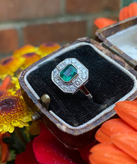 Art Deco Emerald and Diamond Cluster Platinum Ring 0.45ct + 0.80ct