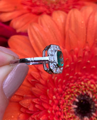 Art Deco Emerald and Diamond Cluster Platinum Ring 0.45ct + 0.80ct