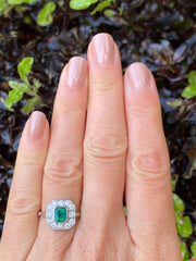 Art Deco Emerald and Diamond Cluster Platinum Ring 0.45ct + 0.80ct