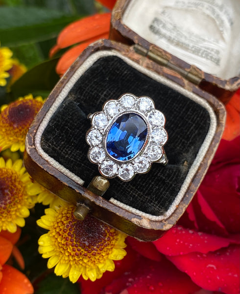 Victorian Style Sapphire and Old Cut Diamond Cluster Platinum Ring 1.55ct + 2.60ct