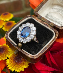 Victorian Style Sapphire and Old Cut Diamond Cluster Platinum Ring 1.55ct + 2.60ct