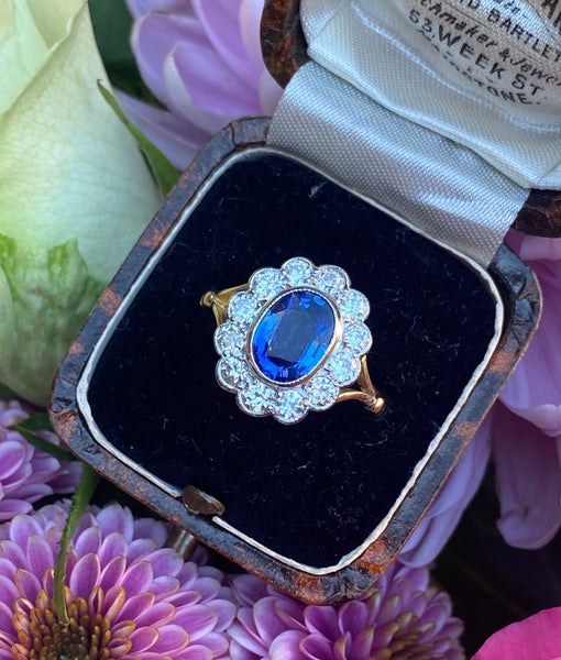Victorian Sapphire and Diamond Cluster 18ct Yellow Gold Ring 0.85ct + 1.85ct