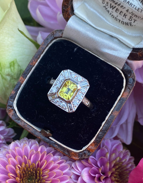 Art Deco Yellow Sapphire and Diamond Platinum Ring 0.50ct + 1.20ct