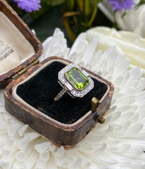 Art Deco Peridot and Diamond Platinum Ring 0.40ct + 2.20ct