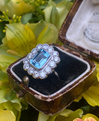 Victorian Aquamarine and Diamond Cluster Platinum Ring 1.40ct + 2.10ct