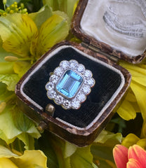 Victorian Aquamarine and Diamond Cluster Platinum Ring 1.40ct + 2.10ct