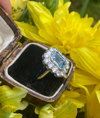 Victorian Aquamarine and Diamond Cluster Platinum Ring 1.40ct + 2.10ct