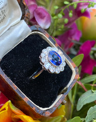 Victorian Sapphire and Old Cut Diamond Cluster Platinum Ring 0.55ct + 1.70ct