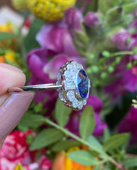 Victorian Sapphire and Old Cut Diamond Cluster Platinum Ring 0.55ct + 1.70ct