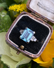 Art Deco Aquamarine and Diamond Platinum Ring 0.40ct + 4.0ct Aquamarine
