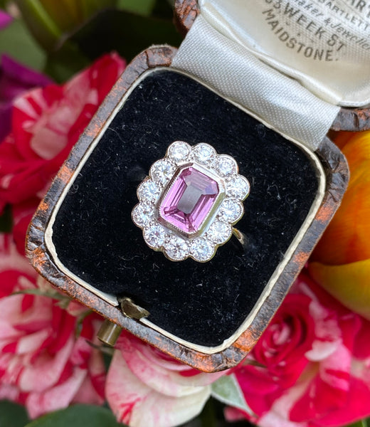 Vintage Pink Sapphire and Diamond Platinum Cluster Ring 1.05ct + 1.55ct