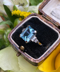 Art Deco Aquamarine and Diamond Platinum Ring 0.40ct + 4.0ct Aquamarine