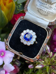 Sapphire and Old Cut Diamond Cushion Cluster Platinum Ring 1.05ct + 2.15ct