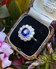 Sapphire and Old Cut Diamond Cushion Cluster Platinum Ring 1.05ct + 2.15ct