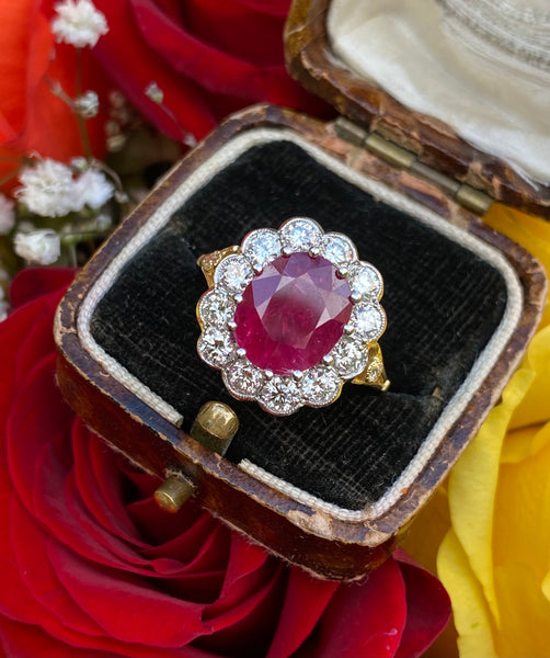 Victorian Ruby and Diamond Cluster Ring 18ct Yellow Gold 1.75ct + 3.33ct