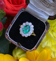 Emerald and Diamond Cluster 18ct Yellow Gold Ring 0.85ct + 1.60ct