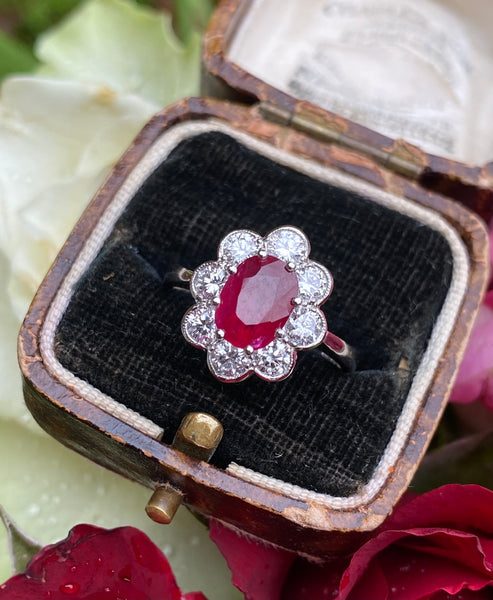 Victorian Ruby and Diamond Cluster Platinum Ring 0.90ct + 1.65ct