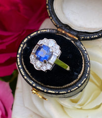 Art Deco Sapphire and Diamond Cluster Platinum Ring 0.50ct + 1.50ct