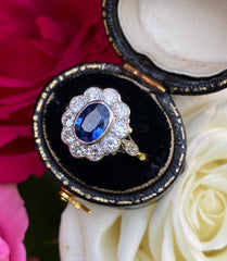 Victorian Sapphire and Diamond Cluster 18ct Yellow Gold Ring 0.90ct + 1.30ct