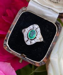 Art Deco Emerald and Diamond Platinum Ring 0.50ct + 0.70ct