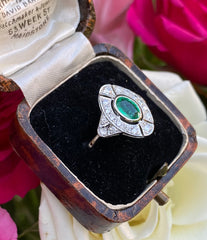 Art Deco Emerald and Diamond Platinum Ring 0.50ct + 0.70ct