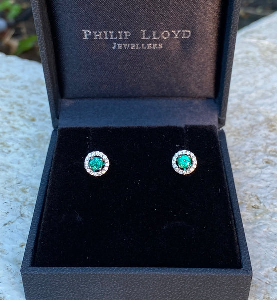 Emerald and Diamond Cluster Earrings 18ct White Gold 0.17ct + 0.50ct