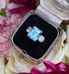 Aquamarine and Diamond Three Stone Platinum Ring 1.04ct + 3.85ct