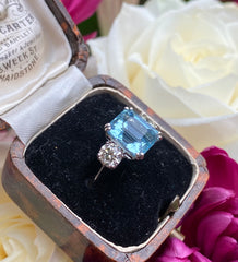 Aquamarine and Diamond Three Stone Platinum Ring 1.02ct + 3.95ct