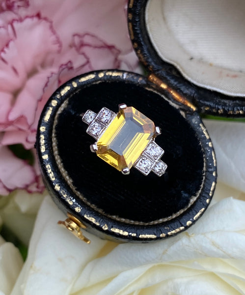 Art Deco Yellow Sapphire and Diamond Platinum Ring 0.18ct + 2.05ct