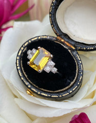 Art Deco Yellow Sapphire and Diamond Platinum Ring 0.18ct + 2.05ct