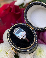 Art Deco Aquamarine and Diamond Platinum Ring 0.40ct + 1.20ct