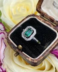 Art Deco Emerald and Diamond Platinum Ring 0.25ct + 0.65ct