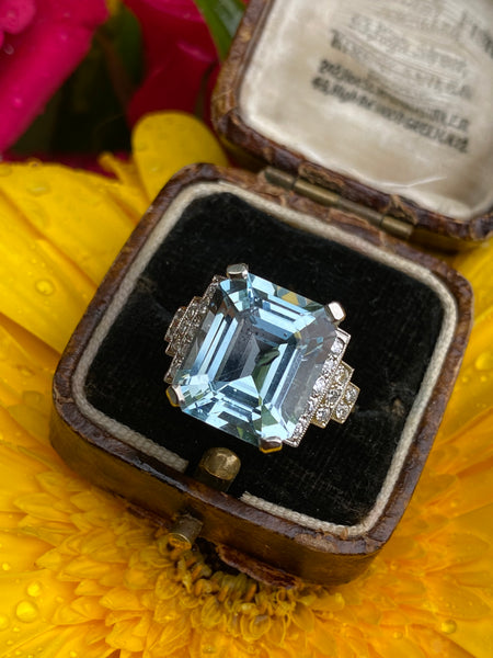 Art Deco Aquamarine and Diamond Ring 0.40ct + 6ct Platinum