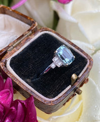 Art Deco Aquamarine and Diamond Platinum Ring 0.18ct + 1.90ct