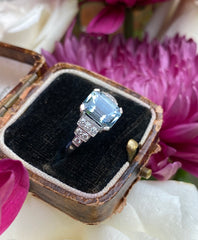 Art Deco Aquamarine and Diamond Ring Platinum 0.30ct + 1.95ct