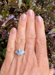 Art Deco Aquamarine and Diamond Ring Platinum 0.20ct + 1.60ct