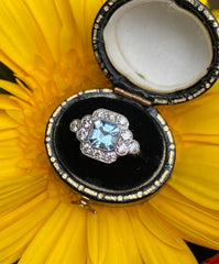 Art Deco Aquamarine & Diamond Platinum Ring 0.55ct + 0.60ct