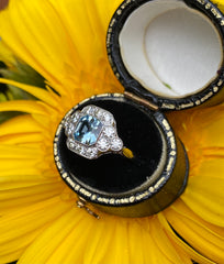 Art Deco Aquamarine & Diamond Platinum Ring 0.55ct + 0.60ct