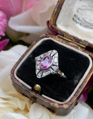 Art Deco Pink Sapphire and Diamond Platinum Ring 0.30ct + 1.0ct