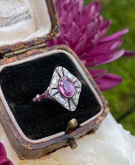 Art Deco Pink Sapphire and Diamond Platinum Ring 0.30ct + 1.0ct