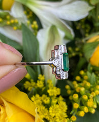 Art Deco Style Emerald & Diamond Platinum Ring 0.55ct + 1.0ct