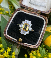 Art Deco Style Yellow Sapphire & Diamond Platinum Ring 0.55ct + 1.10ct