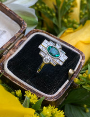 Art Deco Style Emerald & Diamond Platinum Ring 0.65ct + 0.80ct